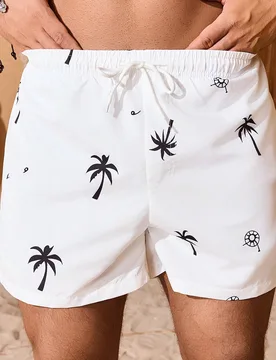 Bañador para hombres con cordón en la cintura, forro incorporado, ligereza y estiramiento en 4 direcciones con estampado de palmeras y flores para p - Shein - FashionsVida