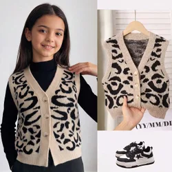 Chaleco de punto sin mangas con jacquard de estampado de leopardo para niñas preadolescentes, prenda exterior casual y versátil para uso diario