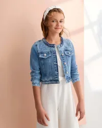 Giacca in denim cropped con perline e dettagli trecce