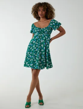 Milkmaid Ruched Bust Short Sleeve Mini Dress - 16 / GREEN - female - Blue Vanilla - FashionsVida