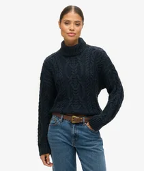 Superdry Damen Strickpullover mit Zopfmuster und Rollkragen Marineblau - Größe: 40