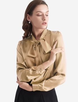 Donna Elegante Camicetta in Seta Charmeuse con Papillon Cammello XS
