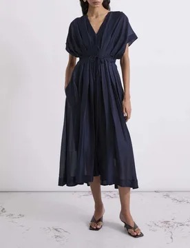 Abito midi blu in organza misto lyocell con cintura in vita e scollo a V - Marella - FashionsVida
