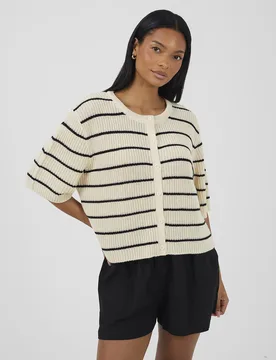 Womens Ecru Striped Short Sleeve Fisherman Knit Cardigan - Size X-Small - Brave soul - FashionsVida