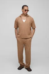 Herren Entspanntes Kastenförmiges V-Ausschnitt Struktur-Gestricktes Hosen- und Polo-Set Taupe Größe XS