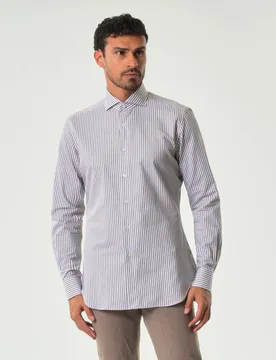 Camicia bastoncino bianco e noce in puro cotone tailor-fit - Xacus - FashionsVida