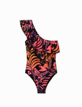 Maillot de bain asymétrique volant, Rouge, XS