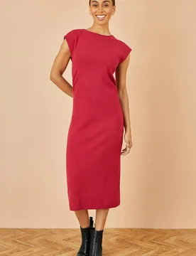 Women's Burgundy Knitted Ruched Midi Dress Size: Large - Burgundy - Size: L - Yumi - FashionsVida