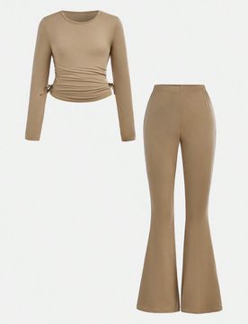 Piezas Conjunto de niña preadolescente informal con Top de punto ajustada de manga larga con fruncido en el cuello redondo y pantalones acampanados