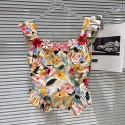 Summer Vacation Style Sleeveless Blouse with Ruffled Sleeves 3D Floral Collar Ombre Print