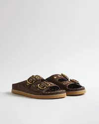 Womens Sandals Brown Leopard Lined Footbed Buckle Pu - Size Uk 6