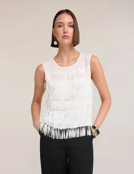 Top de mujer de georgette con flecos escote redondo - Motivi - FashionsVida