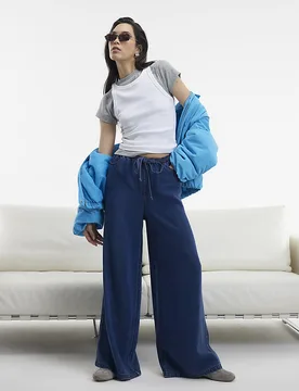 Womens Wide Leg Jeans Blue High Waisted Drawstring Lyocell - Size 10 Long - River Island - FashionsVida
