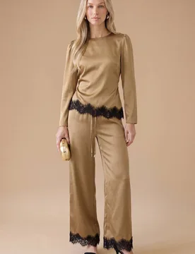 Women's Lace Cuff Satin Back Crepe Wide Leg Trouser in Olive Size: 16 - Olive - Size: 16 - OASIS - FashionsVida