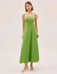 Cotton Linen Blend Square Neck Midi Dress Green female