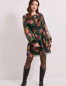 Women's High Neck Keyhole Detail Printed Chiffon Mini Dress in Black Size: 8 - Black - Size: 8 - Dorothy perkins - FashionsVida