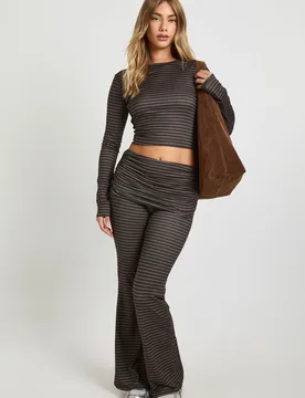 Womens Super Soft Stripe Long Sleeve Top & Fold Over Flare - Chocolate - Size 10 Uk - Boohoo - FashionsVida