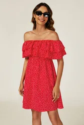 Floral Print Bardot Frill Mini Dress - Red - Size: S