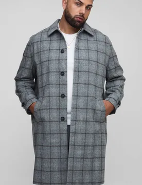 Herren Plus Regular Fit Raglan Einreihiger Mantel mit Karomuster-Kragen und Schnallengürtel Grey Größe 3XL - boohooMAN - FashionsVida