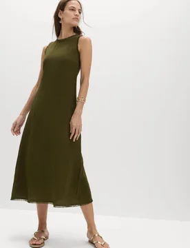 Round Neck Fringed Midi Column Dress Khaki female - M&S - FashionsVida