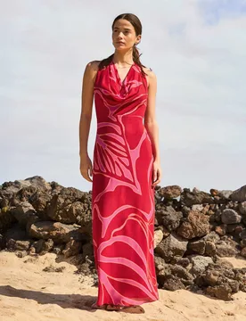 Floral Halter Neck Maxi Column Dress Red Mix female - RO&ZO - FashionsVida