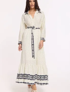 Women's Polka Dot Belted Maxi Shirt Dress Size: Medium/Large - Multicolor - Size: M/L - Liquorish - FashionsVida