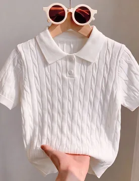 Camisa polo de punto de cable de unicolor estilo universitario para niños, manga corta, suéter de punto fino con botones, adecuado para uso diario e - Shein - FashionsVida
