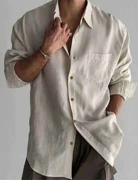 Camisa casual de manga larga con bolsillo delantero y botones de unicolor para hombres, para verano y otoño - Shein - FashionsVida