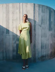Satin Round Neck Asymmetric Midi Waisted Dress Lime female