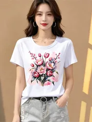 Women's Clothing Flower Printed T Shirt Round Neck Short Sleeves Simple Style All-match Casual Comfortable Solid Color Tops