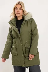 Faux Fur Parka Coat - Green - Size: 20