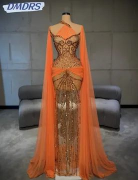 Orange Luxurious Beaded Straight Long Evening Dress Stunning Illusion Cape Sleeve Wedding Party Gown Customized Prom Dresses - Aliexpress - FashionsVida