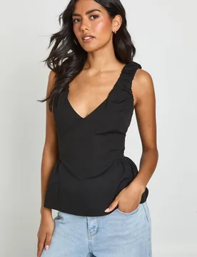 Womens Poplin V Neck Peplum Top - Black - Size 10 Uk - Boohoo - FashionsVida