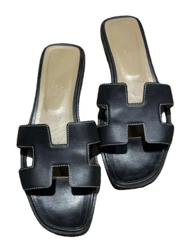 Hermes Black Leather Oran Sandals - Hermes - FashionsVida