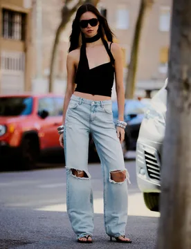 Jean Wide Leg Taille Haute Déchiré 38 Bleu Clair - Bershka - FashionsVida