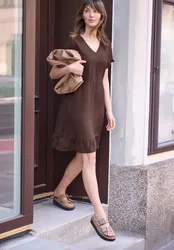 Street One Knielanges Kleid mit Volant-Detail female Braun