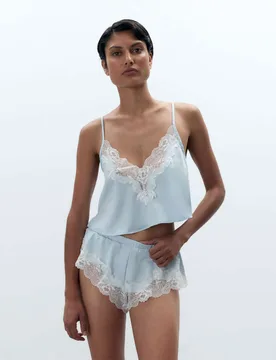 Isabella Satin Lace Trim Cami Shortie Set Blue female - Bluebella - FashionsVida