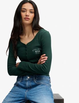 Superdry Damen Athletic Langarmshirt mit Knopfleiste Green - Größe: 34