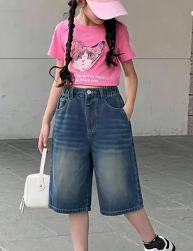 Pantalones capri de mezclilla de pierna recta y holgada para niñas, jeans lavados con efecto vintage, cintura elástica, algodón cómodo, versátil - Shein - FashionsVida