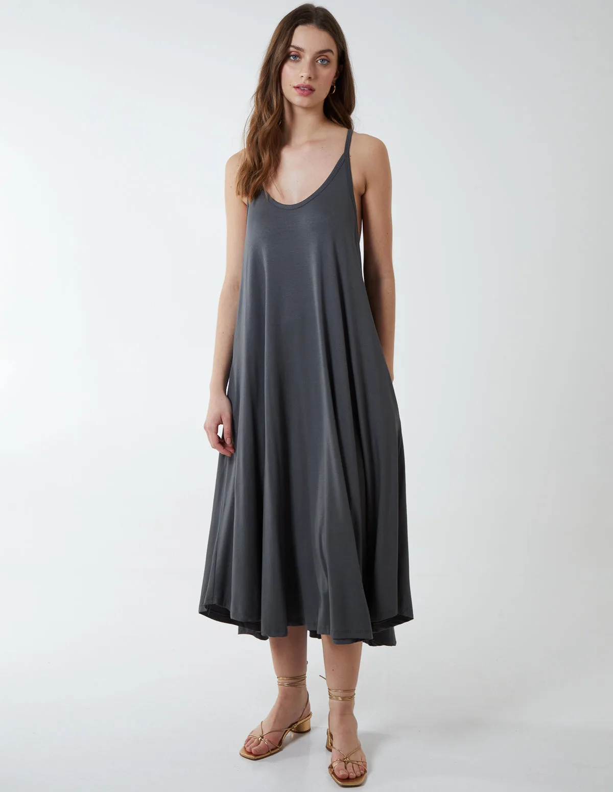 Scoop Neck Strap Pocket Midi Dress - ONE / GREY - female - Blue Vanilla - FashionsVida