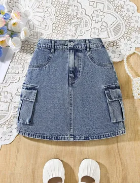 Falda cargo de mezclilla lavada para niñas con bolsillos utilitarios, minifalda en línea A, ropa casual de calle - Shein - FashionsVida