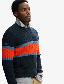 Superdry Herren Baumwoll-zopfmusterpullover mit Streifen Navy - Größe: L