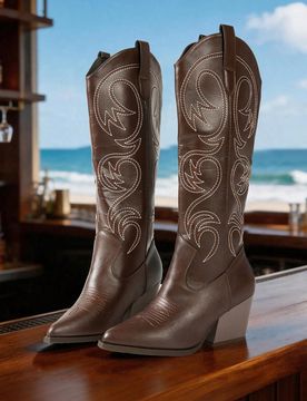 Botas vaqueras occidentales bordadas para mujer, botas de caballero, punta puntiaguda, tacón grueso, caña alta, botas occidentales vintage, moda ade