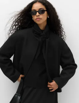 Collarless Short Button Through Jacket with Wool Black female - M&S - FashionsVida