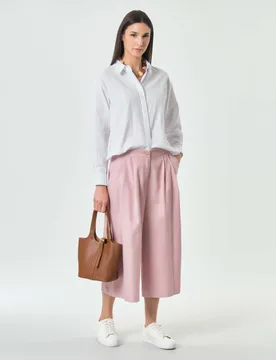 Pantalone cropped wide leg rosa in cotone e lino con pinces in vita e tasche alla francese - Hlo! - FashionsVida