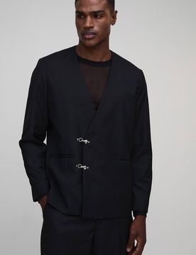 Herren Kragenloser Oversized-Blazer mit Feuerwehrmann-Verschluss Black Größe 36