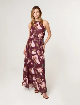 Mesh Halter Neck Belted Maxi Dress - XL / WINE - female - Blue Vanilla - FashionsVida