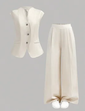 Conjunto de traje de oficina elegante para adolescentes con blazer de manga corta con decoración de hebilla de metal y pantalones de pierna ancha, co - Shein - FashionsVida