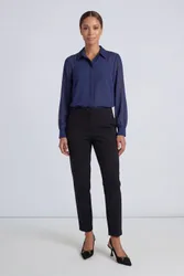 Women's Basic Chiffon Button Down Collared Shirt in Navy Size: 10 - Navy - Size: 10