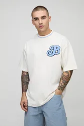 Herren Oversized Varsity Besticktes T-Shirt Ecru Größe Small